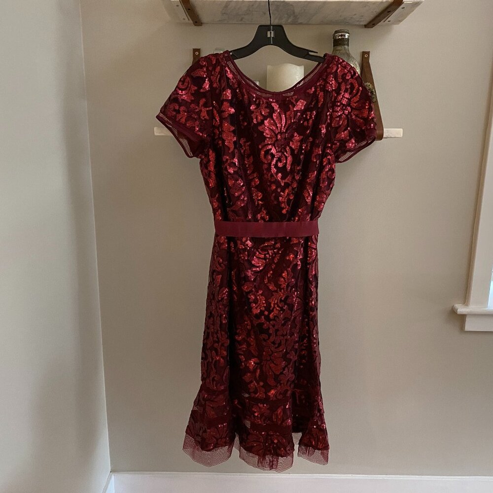 Holiday Perfection! Tadashi Shoji Paillette Embroidered Lace Dress in Merlot
